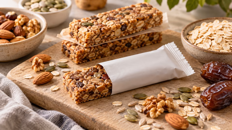 Cereal bars with oats, nuts and dried fruit.
