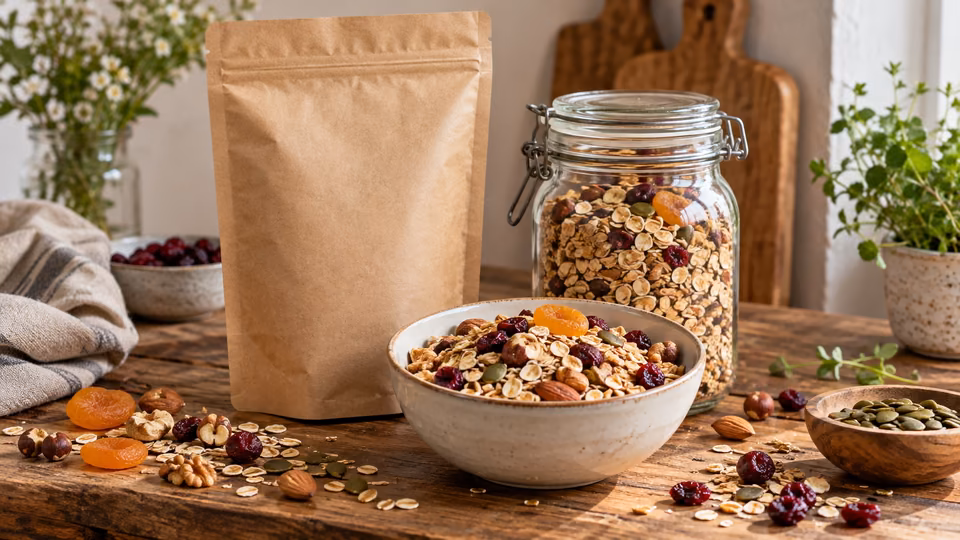 Cereals, dried fruit and nuts beside a jar and an unlabelled bag.
