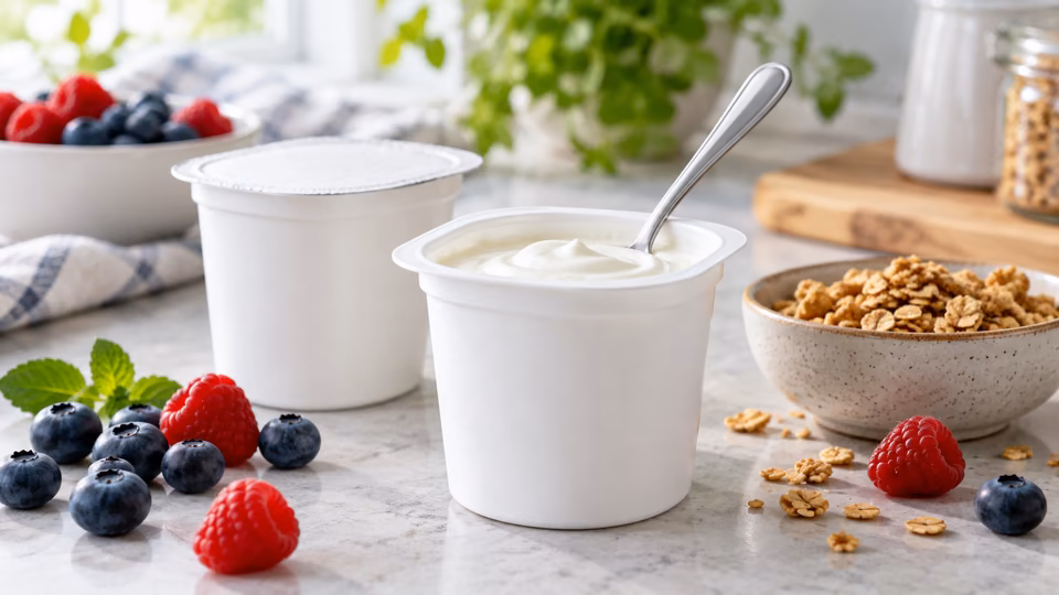Unlabelled food pots with fruit and cereals.