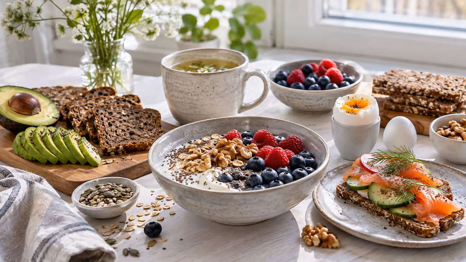 Breakfast foods including oats, fruit, toast, eggs and avocado.