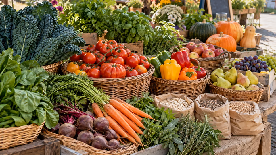 A market stall displaying a range of fruit and vegetables.
