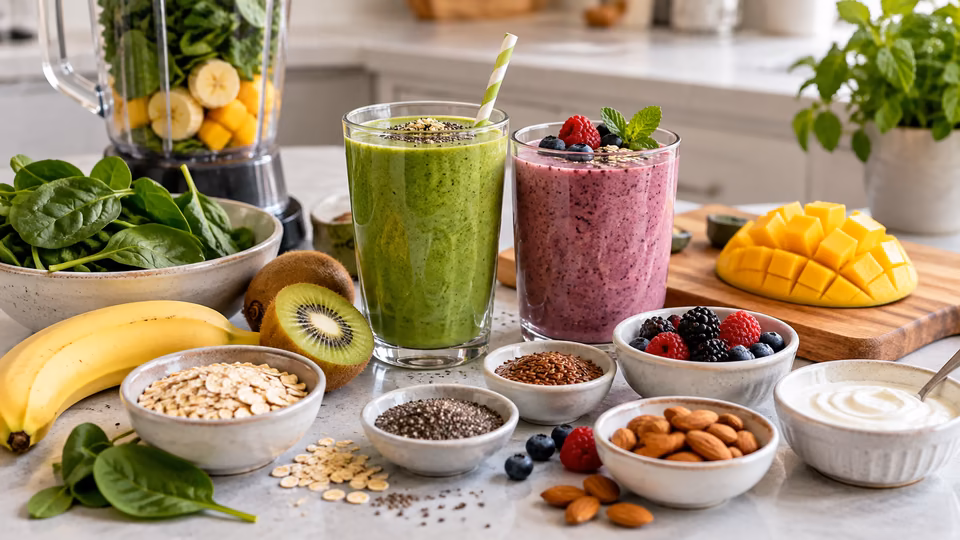 Two fruit and vegetable drinks surrounded by their ingredients.