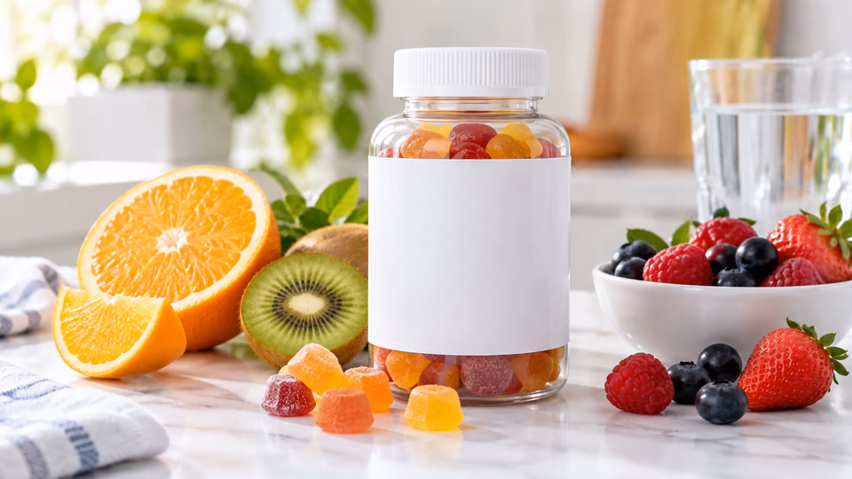 An unlabelled jar of colourful gummies beside fruit and water.