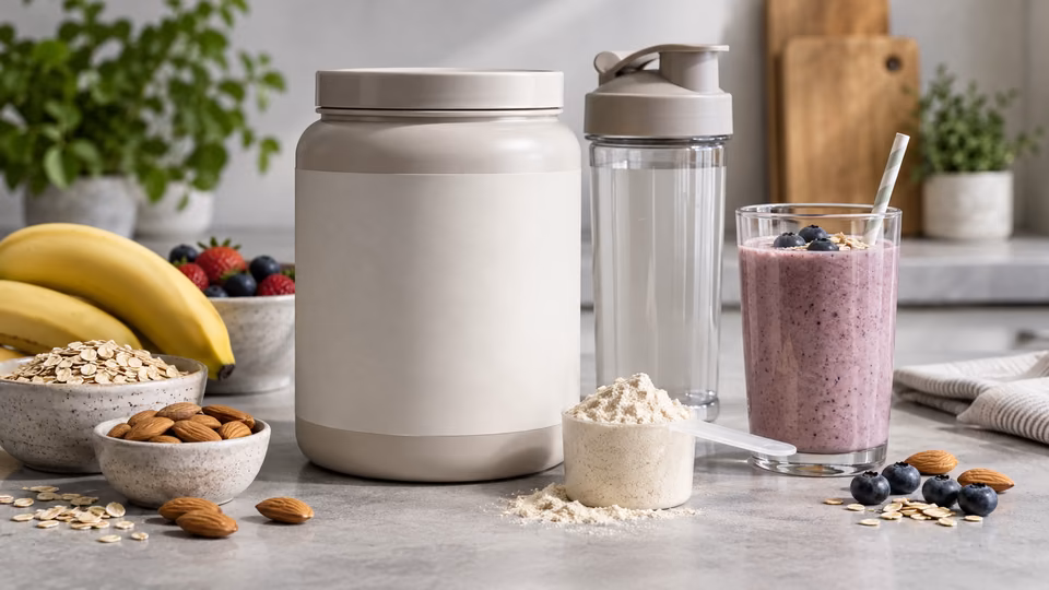 An unlabelled powder container, a shaker and a prepared drink.