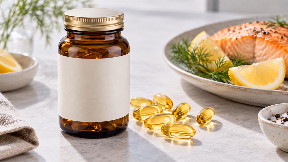 An unlabelled bottle and softgels beside food.