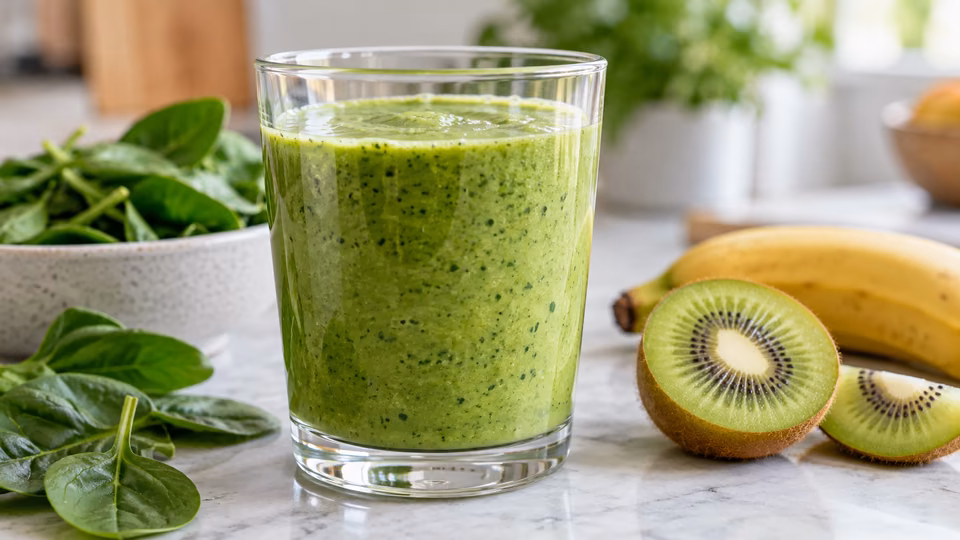 A green vegetable and fruit drink beside spinach, cucumber and kiwi.